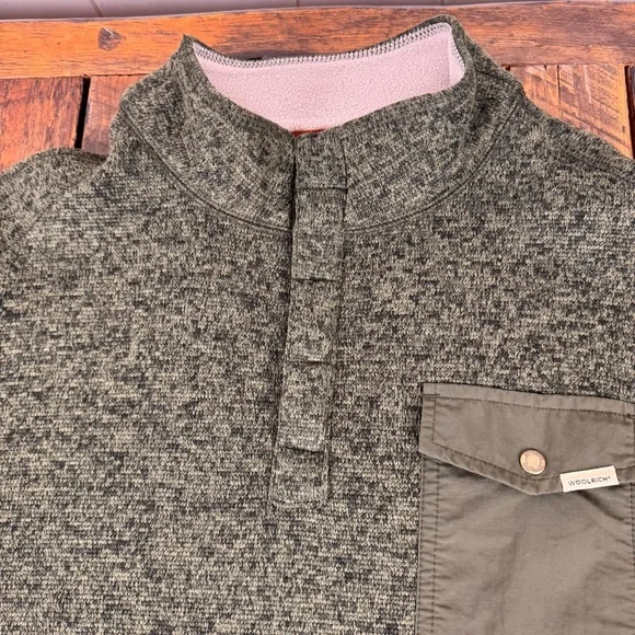 Woolrich XL Olive Pullover Fleece Snap Neck Pocket Outdoor Sweater - Picture 5 of 12